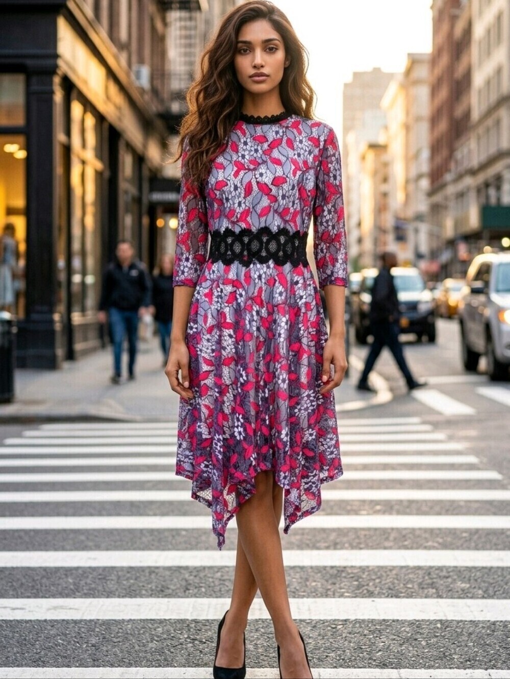Elegant Floral Lace Midi A Line Dress with Black Accents and Unique Design